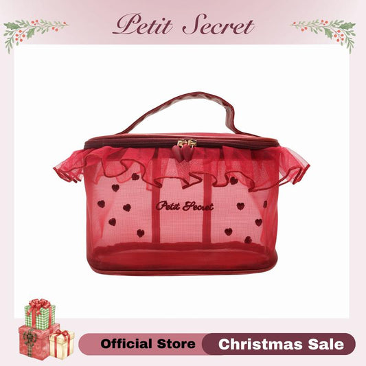 Petit Secret Large Meshed Embroidery Laced Makeup Bag, Cosmetic Pouch, Toiletry Bag for Makeup Enthusiasts & Travelers, Stylish & Practical Storage Solution