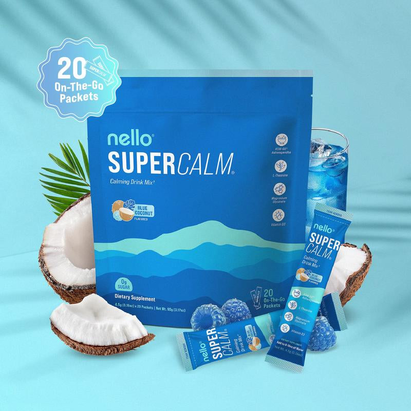 Nello Supercalm Calming Drink Mix with KSM-66 Ashwagandha Vitamin D3 Magnesium & L-Theanine Supports Cortisol Balance Mood Sleep 20 Servings Travel Packets Dietary Supplement