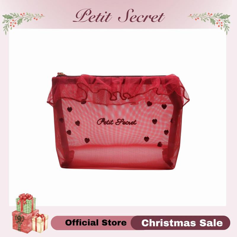 Petit Secret Large Meshed Embroidery Laced Makeup Bag, Cosmetic Pouch, Toiletry Bag for Makeup Enthusiasts & Travelers, Stylish & Practical Storage Solution