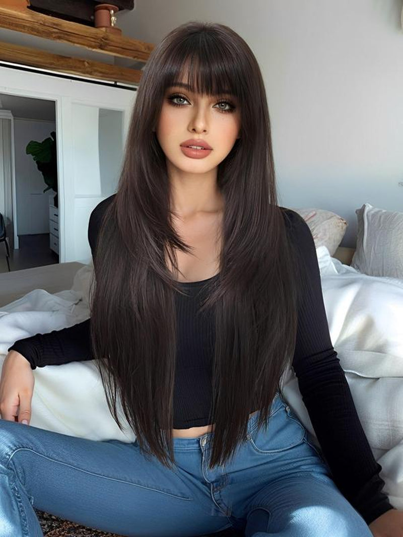 28 Inch Long Straight Wigs for Women, Gorgeous with Bangs, Synthetic Full for Party, Daily Use, Synthetic Hair Wigs