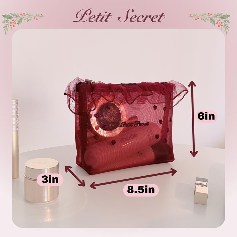 Petit Secret Large Meshed Embroidery Laced Makeup Bag, Cosmetic Pouch, Toiletry Bag for Makeup Enthusiasts & Travelers, Stylish & Practical Storage Solution