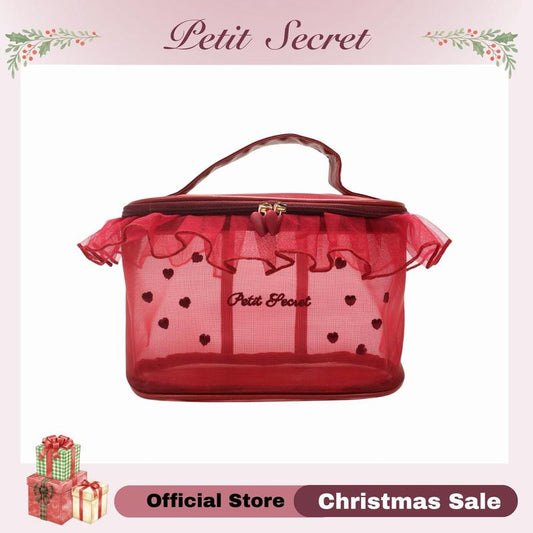 Petit Secret Large Meshed Embroidery Laced Makeup Bag, Cosmetic Pouch, Toiletry Bag for Makeup Enthusiasts & Travelers, Stylish & Practical Storage Solution