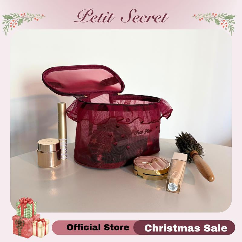 Petit Secret Large Meshed Embroidery Laced Makeup Bag, Cosmetic Pouch, Toiletry Bag for Makeup Enthusiasts & Travelers, Stylish & Practical Storage Solution