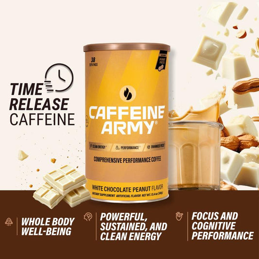 White Chocolate Peanut Caffeine Army Functional Coffee with Time-Release Caffeine, Mcts, Collagen, Adaptogens & Vitamins for Energy, Focus, Mood, Beauty & Metabolic Support- 38 Servings, Sugar-Free, Gluten-Free, Keto-Friedly Beverage