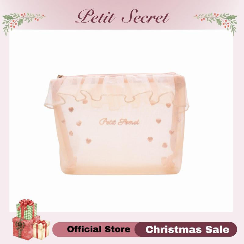 Petit Secret Large Meshed Embroidery Laced Makeup Bag, Cosmetic Pouch, Toiletry Bag for Makeup Enthusiasts & Travelers, Stylish & Practical Storage Solution