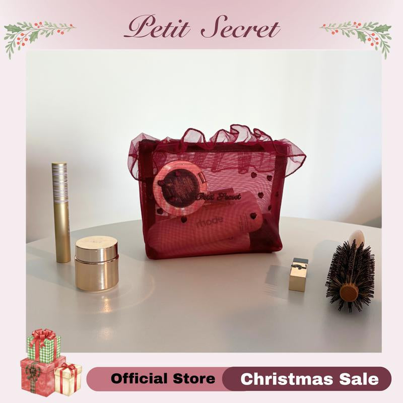 Petit Secret Large Meshed Embroidery Laced Makeup Bag, Cosmetic Pouch, Toiletry Bag for Makeup Enthusiasts & Travelers, Stylish & Practical Storage Solution