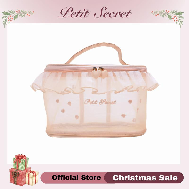 Petit Secret Large Meshed Embroidery Laced Makeup Bag, Cosmetic Pouch, Toiletry Bag for Makeup Enthusiasts & Travelers, Stylish & Practical Storage Solution