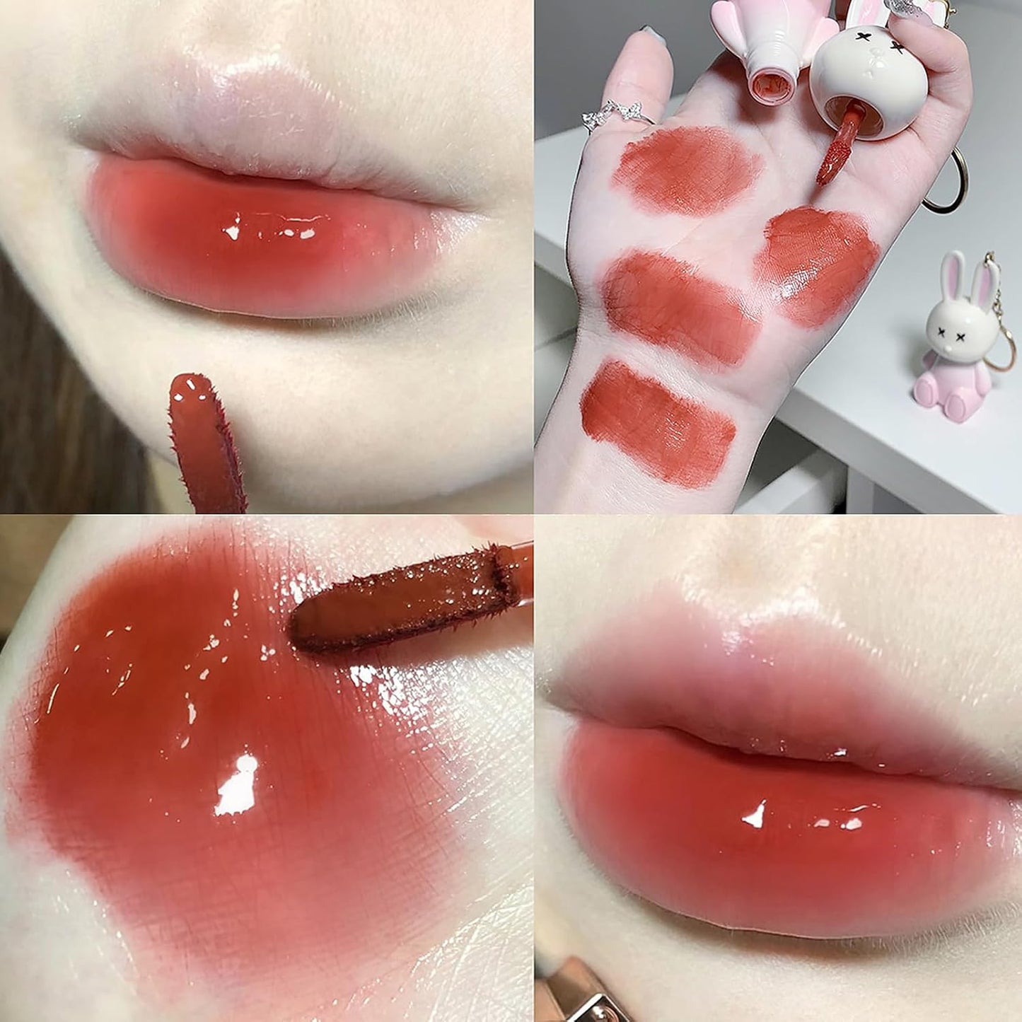 3 Colors Rabbit Lip Glaze Jelly Lipstick, Cute Lipstick Key Chain 2 in 1, Moisturizing Lip Stain Plumping Water Lip Gloss Waterproof Long Lasting Liptint for Girl(B)