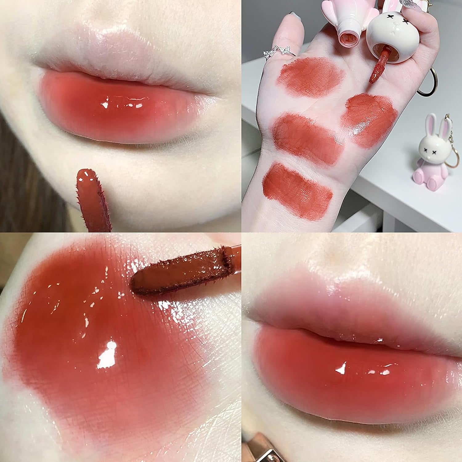 3 Colors Rabbit Lip Glaze Jelly Lipstick, Cute Lipstick Key Chain 2 in 1, Moisturizing Lip Stain Plumping Water Lip Gloss Waterproof Long Lasting Liptint for Girl(B)