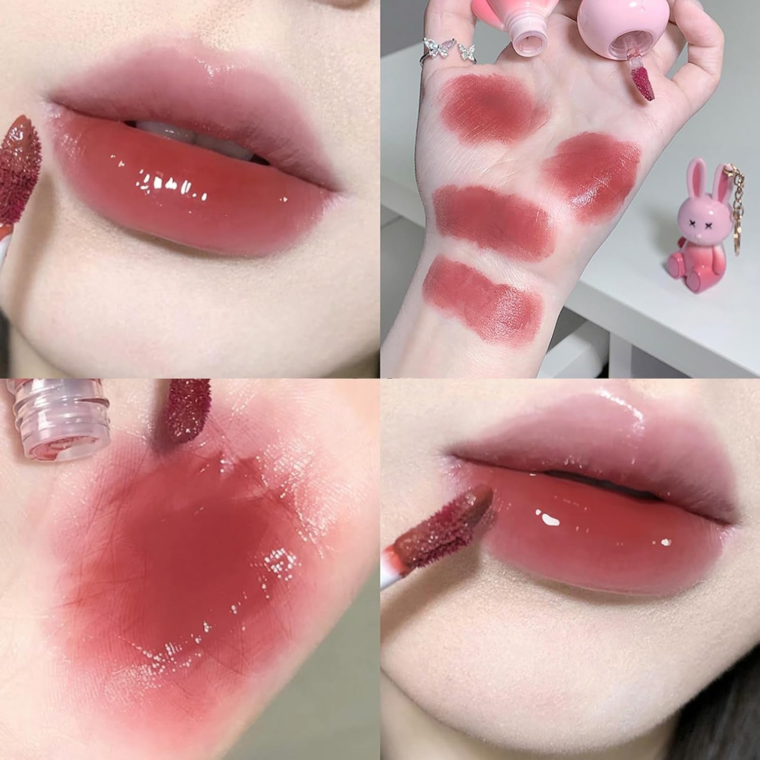 3 Colors Rabbit Lip Glaze Jelly Lipstick, Cute Lipstick Key Chain 2 in 1, Moisturizing Lip Stain Plumping Water Lip Gloss Waterproof Long Lasting Liptint for Girl(B)