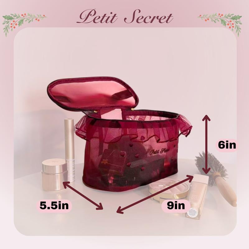 Petit Secret Large Meshed Embroidery Laced Makeup Bag, Cosmetic Pouch, Toiletry Bag for Makeup Enthusiasts & Travelers, Stylish & Practical Storage Solution
