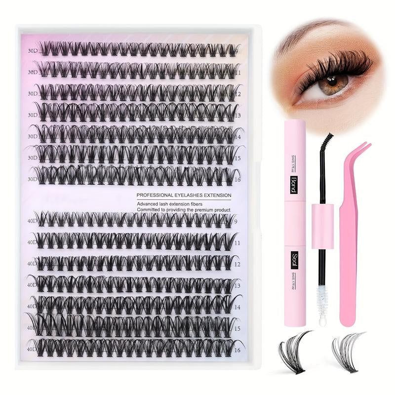 Natural Look False Eyelashes Kit, 280Pcs Lashes Clusters Kit, 9-16Mm 30D&40D Individual Lashes with Bond Seal Tweezers for Makeup - Cosmetic, DIY Volume Lash Extension Kit, Curl Lashes, Inner Corner Eyelashes, Hybrid Lash Set,Cat Lashes, Christmas Gift