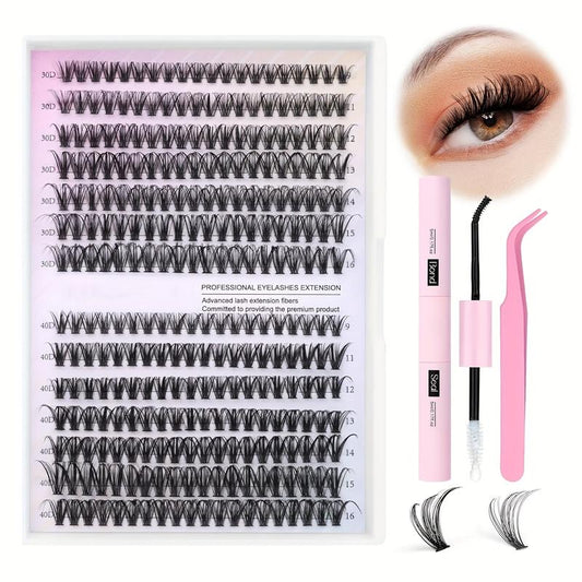 Natural Look False Eyelashes Kit, 280Pcs Lashes Clusters Kit, 9-16Mm 30D&40D Individual Lashes with Bond Seal Tweezers for Makeup - Cosmetic, DIY Volume Lash Extension Kit, Curl Lashes, Inner Corner Eyelashes, Hybrid Lash Set,Cat Lashes, Christmas Gift