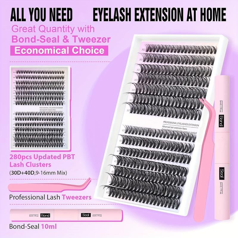 Natural Look False Eyelashes Kit, 280Pcs Lashes Clusters Kit, 9-16Mm 30D&40D Individual Lashes with Bond Seal Tweezers for Makeup - Cosmetic, DIY Volume Lash Extension Kit, Curl Lashes, Inner Corner Eyelashes, Hybrid Lash Set,Cat Lashes, Christmas Gift