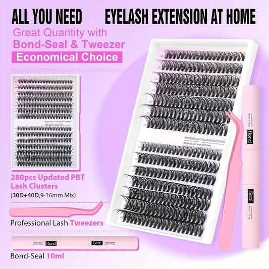Natural Look False Eyelashes Kit, 280Pcs Lashes Clusters Kit, 9-16Mm 30D&40D Individual Lashes with Bond Seal Tweezers for Makeup - Cosmetic, DIY Volume Lash Extension Kit, Curl Lashes, Inner Corner Eyelashes, Hybrid Lash Set,Cat Lashes, Christmas Gift