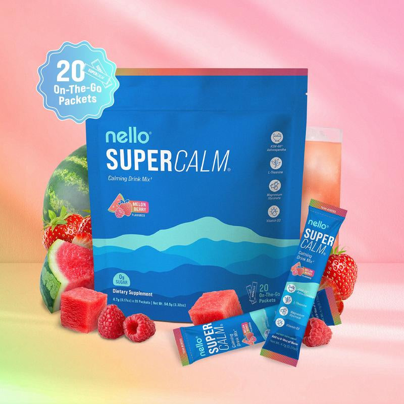 Nello Supercalm Calming Drink Mix with KSM-66 Ashwagandha Vitamin D3 Magnesium & L-Theanine Supports Cortisol Balance Mood Sleep 20 Servings Travel Packets Dietary Supplement
