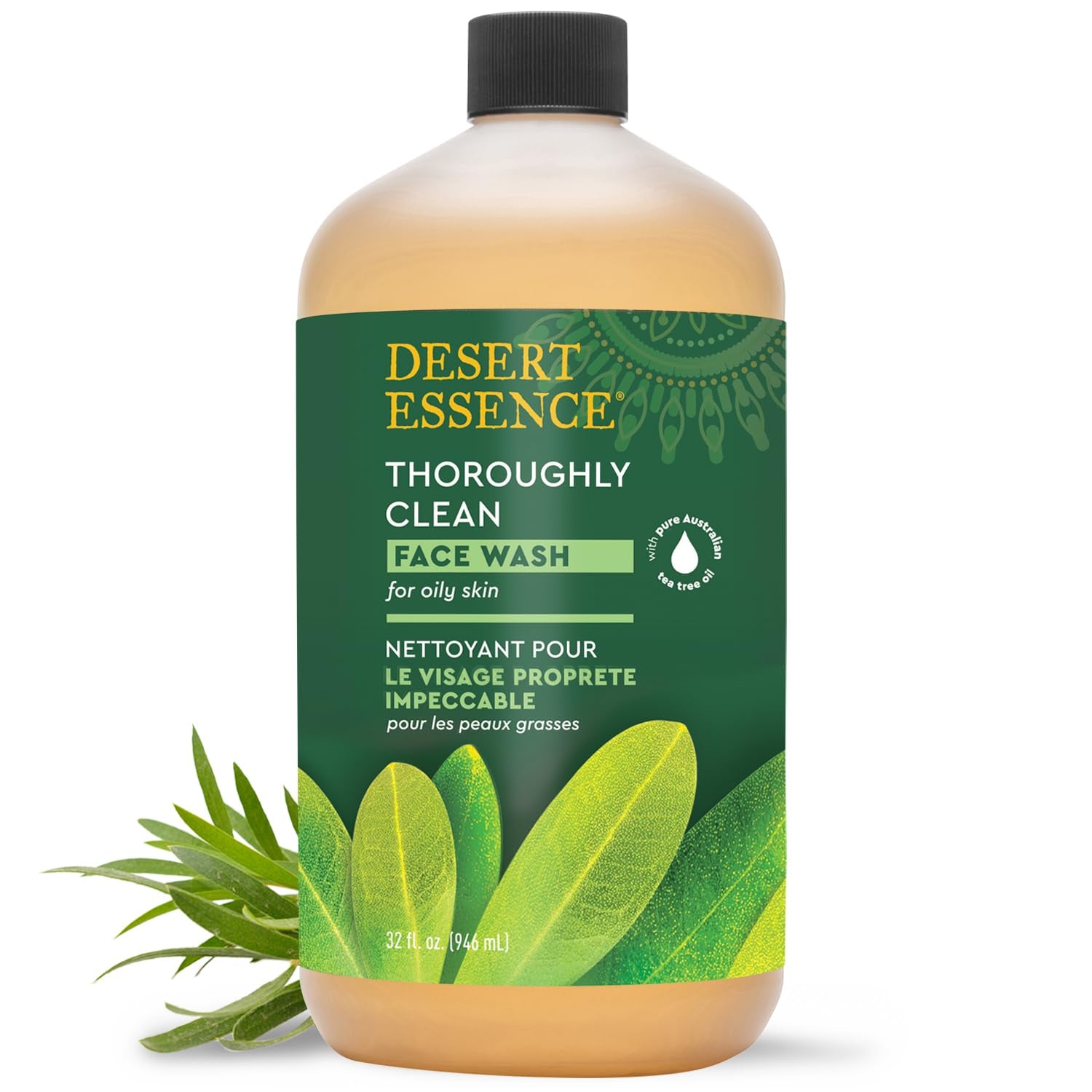 Thoroughly Clean Face Wash with Tea Tree Oil, Castile Soap and Coconut Oil - Organic Facial Cleanser for Sensitive and Oily Skin, Vegan & Cruelty-Free, 32 Fl Oz