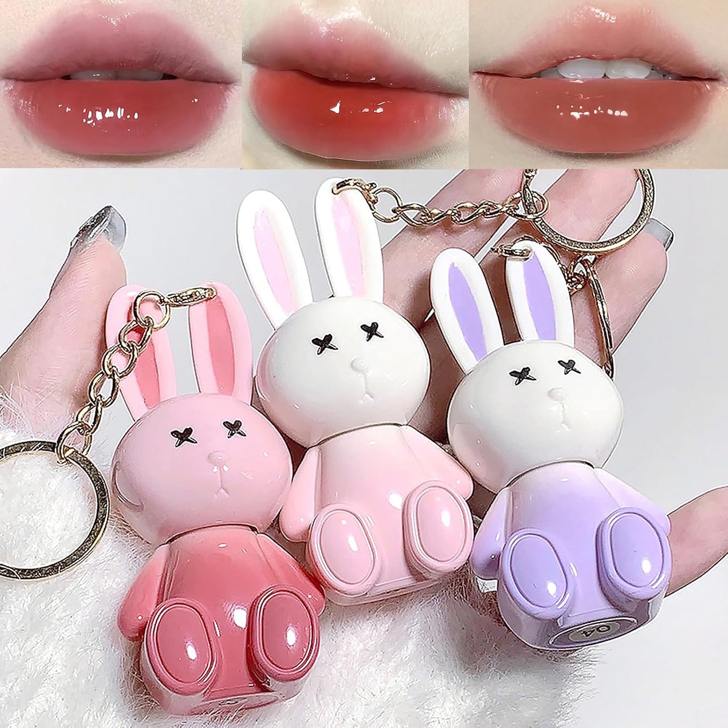 3 Colors Rabbit Lip Glaze Jelly Lipstick, Cute Lipstick Key Chain 2 in 1, Moisturizing Lip Stain Plumping Water Lip Gloss Waterproof Long Lasting Liptint for Girl(B)