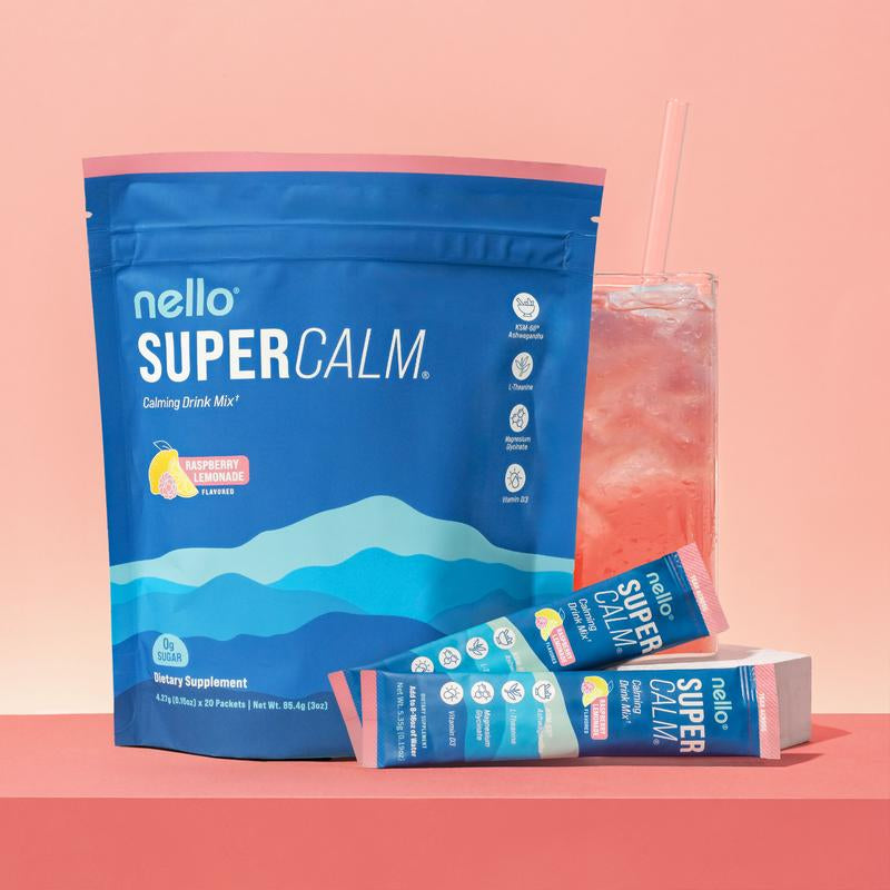 Nello Supercalm Calming Drink Mix with KSM-66 Ashwagandha Vitamin D3 Magnesium & L-Theanine Supports Cortisol Balance Mood Sleep 20 Servings Travel Packets Dietary Supplement