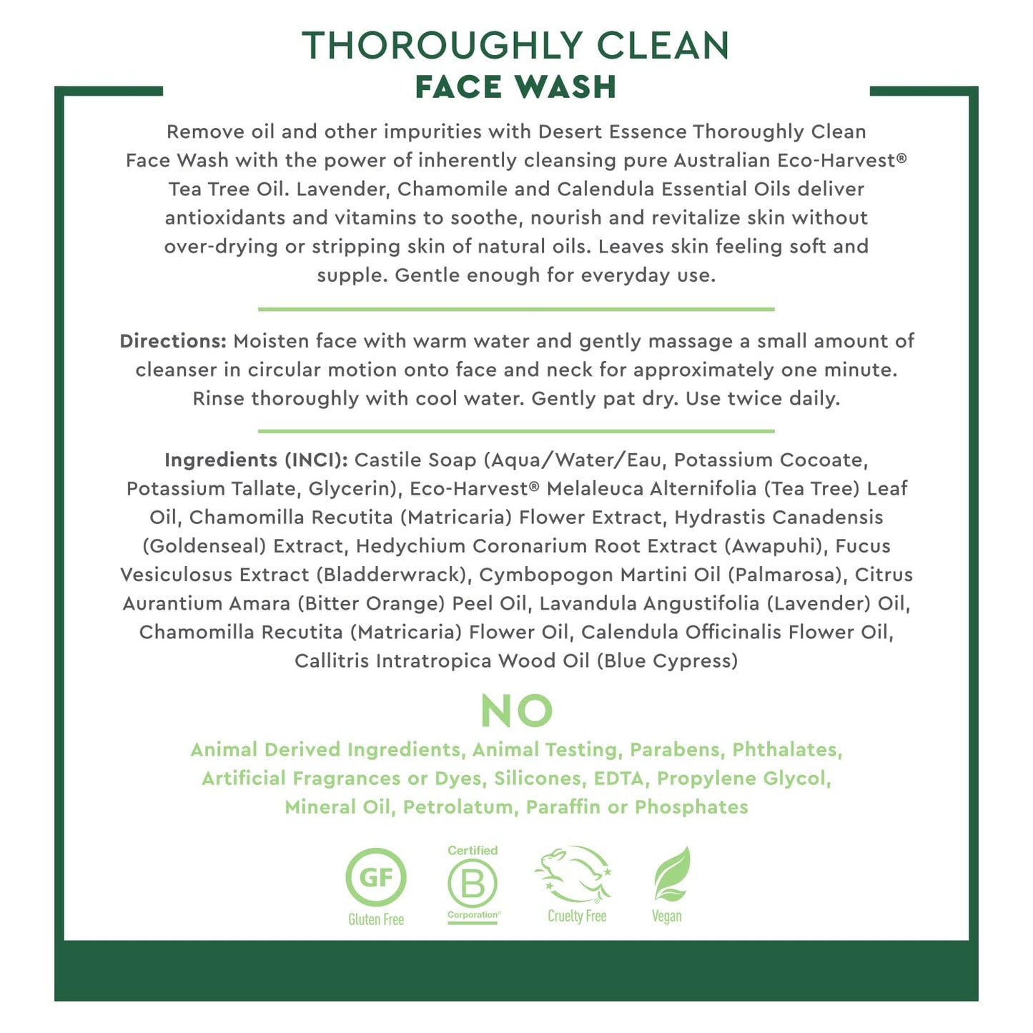 Thoroughly Clean Face Wash with Tea Tree Oil, Castile Soap and Coconut Oil - Organic Facial Cleanser for Sensitive and Oily Skin, Vegan & Cruelty-Free, 32 Fl Oz