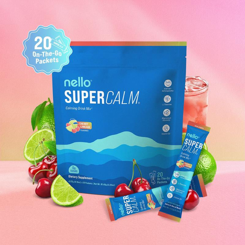 Nello Supercalm Calming Drink Mix with KSM-66 Ashwagandha Vitamin D3 Magnesium & L-Theanine Supports Cortisol Balance Mood Sleep 20 Servings Travel Packets Dietary Supplement