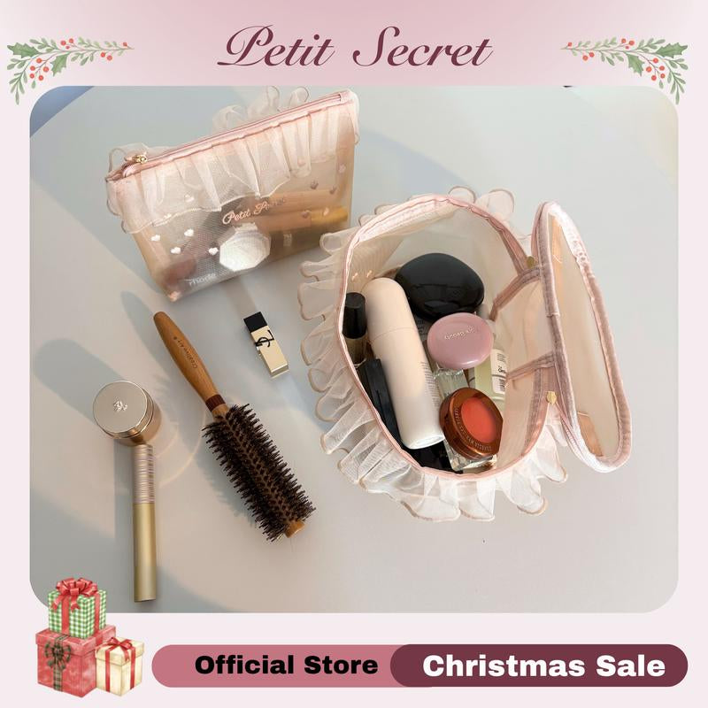 Petit Secret Large Meshed Embroidery Laced Makeup Bag, Cosmetic Pouch, Toiletry Bag for Makeup Enthusiasts & Travelers, Stylish & Practical Storage Solution