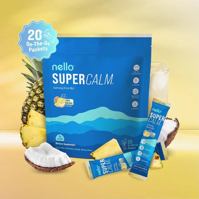 Nello Supercalm Calming Drink Mix with KSM-66 Ashwagandha Vitamin D3 Magnesium & L-Theanine Supports Cortisol Balance Mood Sleep 20 Servings Travel Packets Dietary Supplement
