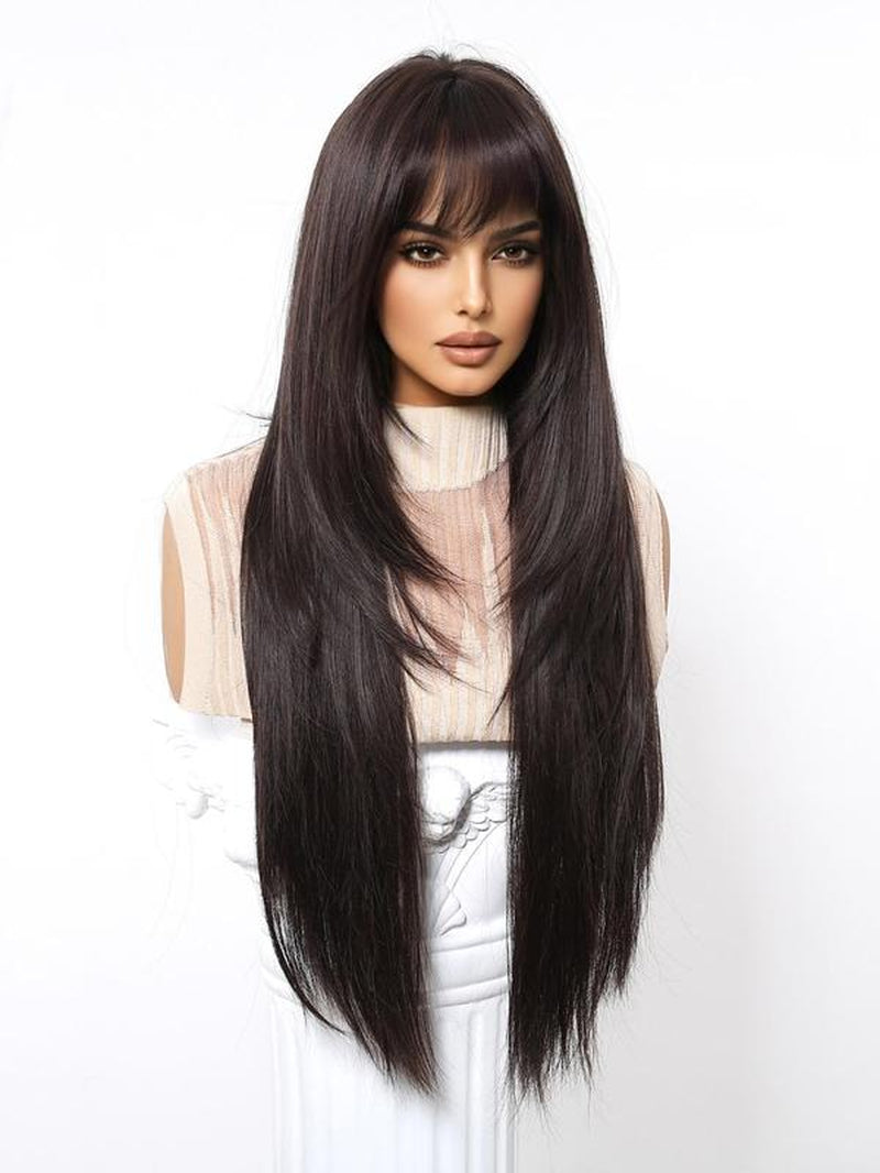 28 Inch Long Straight Wigs for Women, Gorgeous with Bangs, Synthetic Full for Party, Daily Use, Synthetic Hair Wigs