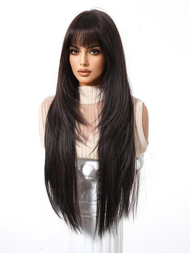 28 Inch Long Straight Wigs for Women, Gorgeous with Bangs, Synthetic Full for Party, Daily Use, Synthetic Hair Wigs
