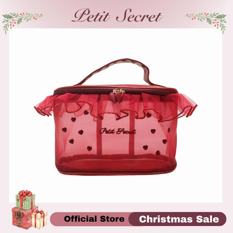 Petit Secret Large Meshed Embroidery Laced Makeup Bag, Cosmetic Pouch, Toiletry Bag for Makeup Enthusiasts & Travelers, Stylish & Practical Storage Solution